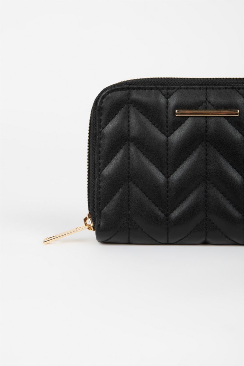 Kadın Siyah Kadın Kapitone Suni Deri Nakış Cüzdan