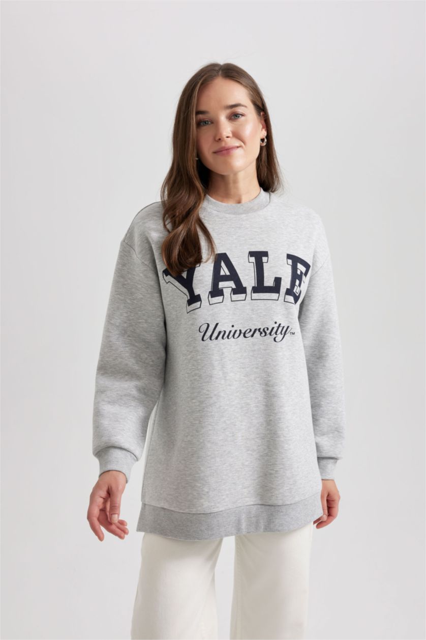 Kadın Gri Melanj Regular Fit Bisiklet Yaka Baskılı İçi Yumuşak Tüylü Sweatshirt Tunik