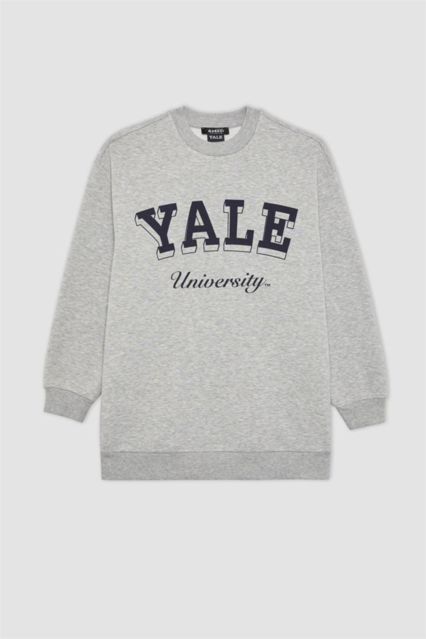 Kadın Gri Melanj Regular Fit Bisiklet Yaka Baskılı İçi Yumuşak Tüylü Sweatshirt Tunik