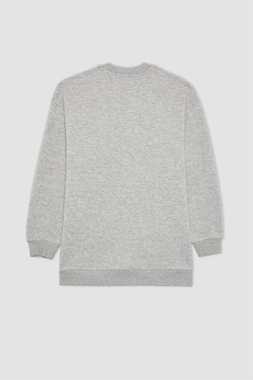 Kadın Gri Melanj Regular Fit Bisiklet Yaka Baskılı İçi Yumuşak Tüylü Sweatshirt Tunik