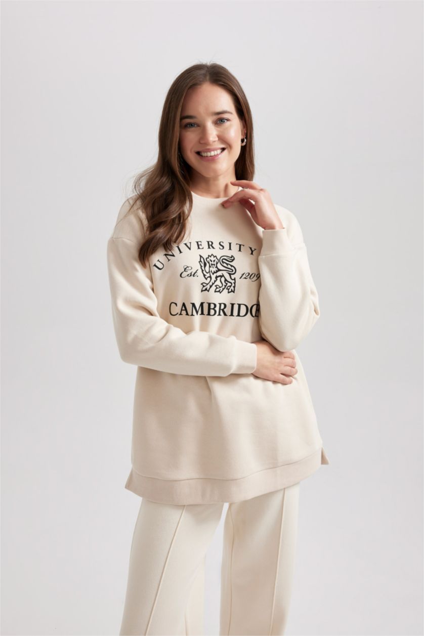 WOMAN Beige Regular Fit Crew Neck Printed Soft Fluffy Inside Sweatshirt Tunic