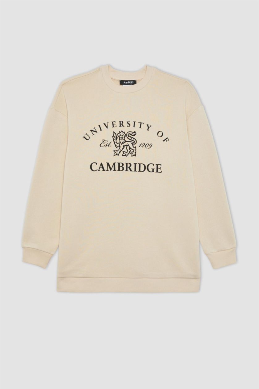 WOMAN Beige Regular Fit Crew Neck Printed Soft Fluffy Inside Sweatshirt Tunic