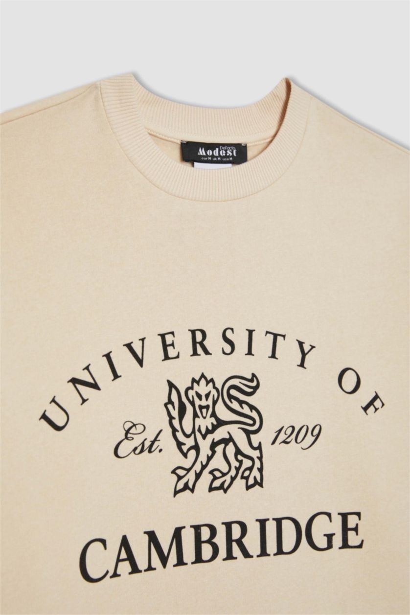 WOMAN Beige Regular Fit Crew Neck Printed Soft Fluffy Inside Sweatshirt Tunic