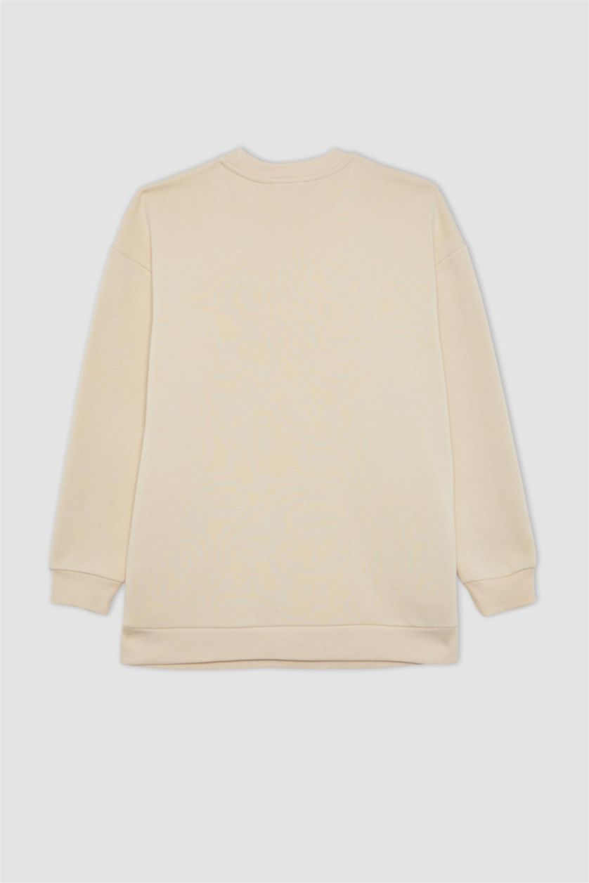 WOMAN Beige Regular Fit Crew Neck Printed Soft Fluffy Inside Sweatshirt Tunic