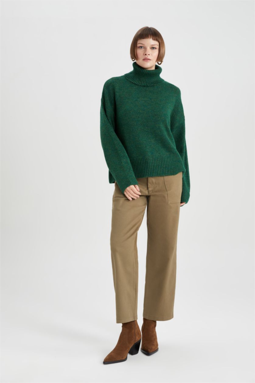 حريمي كاكي بنطلون جبردين قصة مستقيمة بجيب وخصر عالي