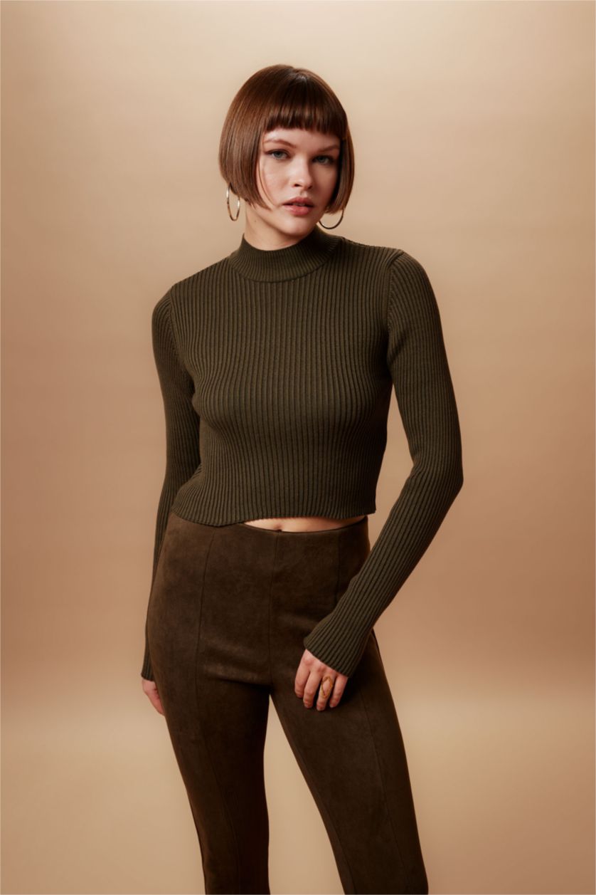WOMAN Khaki Fitted Half Turtleneck Rib Knit Pullover