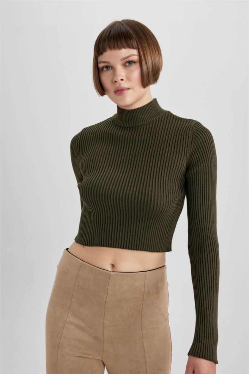 WOMAN Khaki Fitted Half Turtleneck Rib Knit Pullover