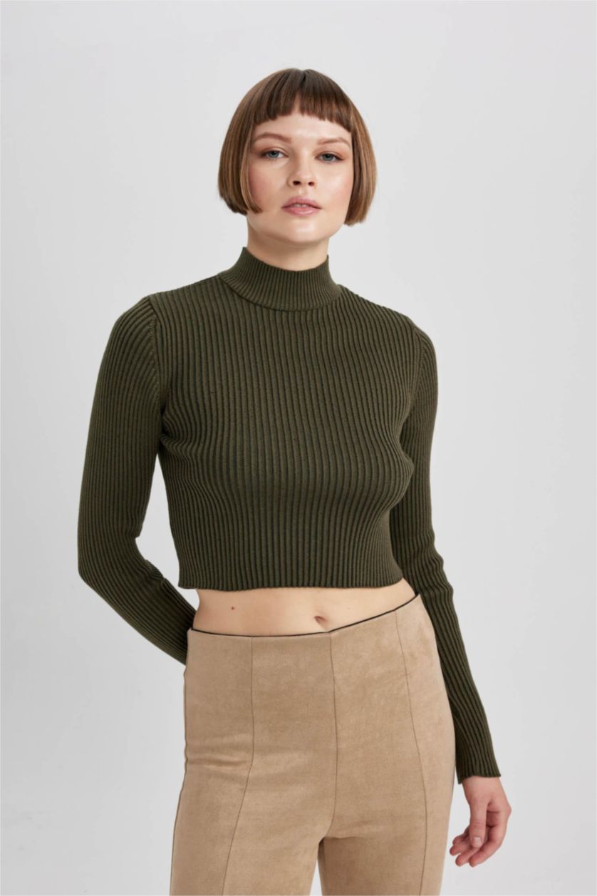 WOMAN Khaki Fitted Half Turtleneck Rib Knit Pullover