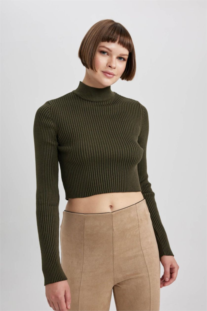 WOMAN Khaki Fitted Half Turtleneck Rib Knit Pullover