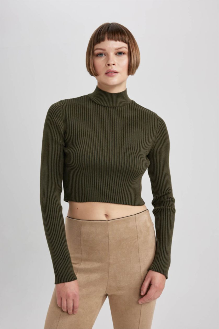 WOMAN Khaki Fitted Half Turtleneck Rib Knit Pullover