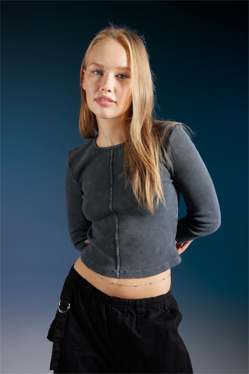 حريمي أنثرا تيشيرت كم طويل سليم فيت رمادي مضلع