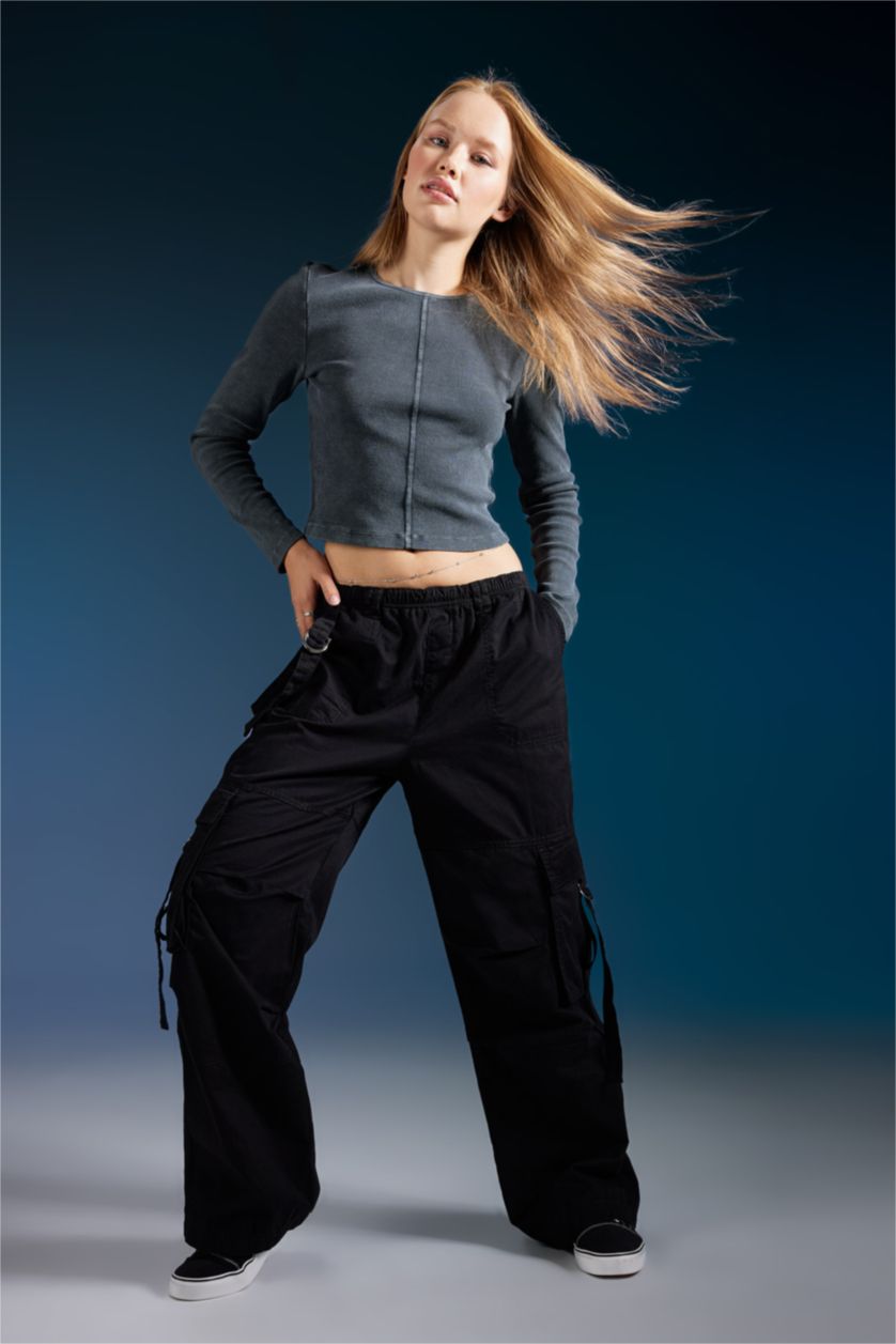 حريمي أنثرا تيشيرت كم طويل سليم فيت رمادي مضلع