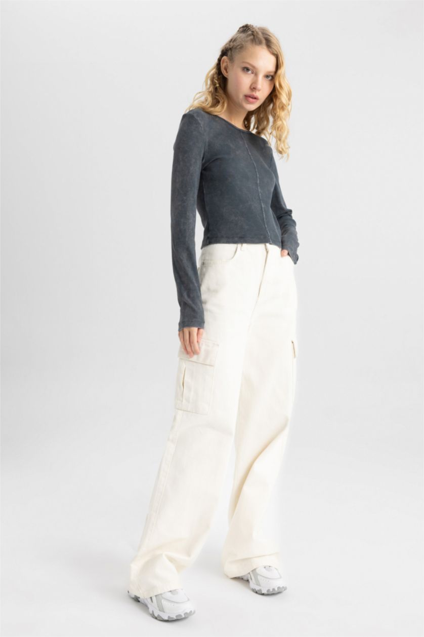 حريمي أنثرا تيشيرت كم طويل سليم فيت رمادي مضلع