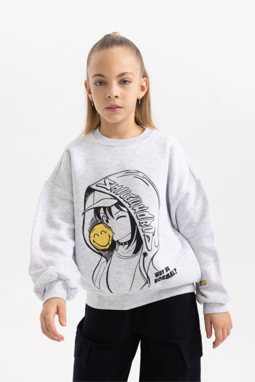 Kız Çocuk - Genç Kız Gri Melanj Kız Çocuk SmileyWorld Oversize Geniş Kalıp Bisiklet Yaka İçi Yumuşak Tüylü Kalın Sweatshirt