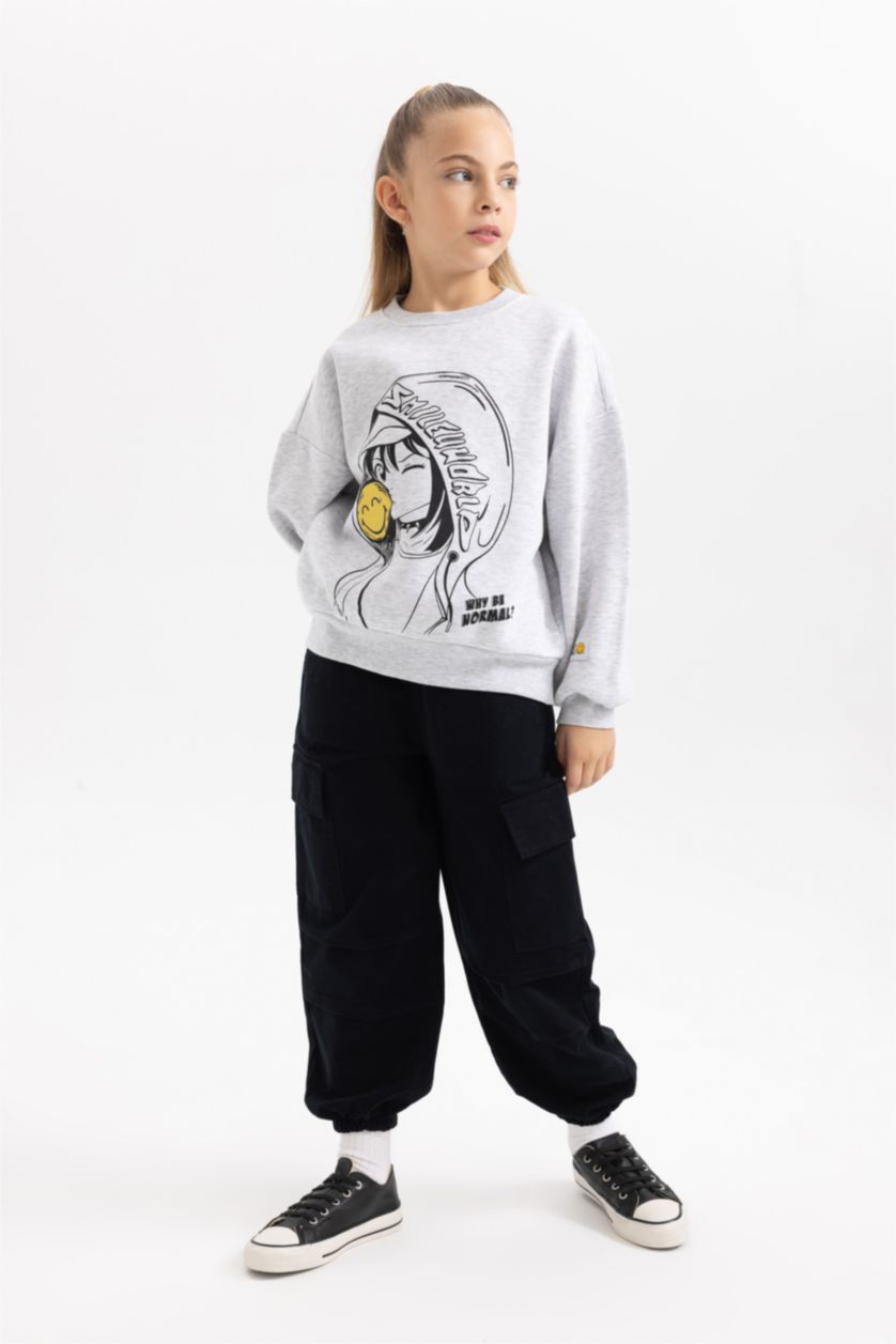 Kız Çocuk - Genç Kız Gri Melanj Kız Çocuk SmileyWorld Oversize Geniş Kalıp Bisiklet Yaka İçi Yumuşak Tüylü Kalın Sweatshirt