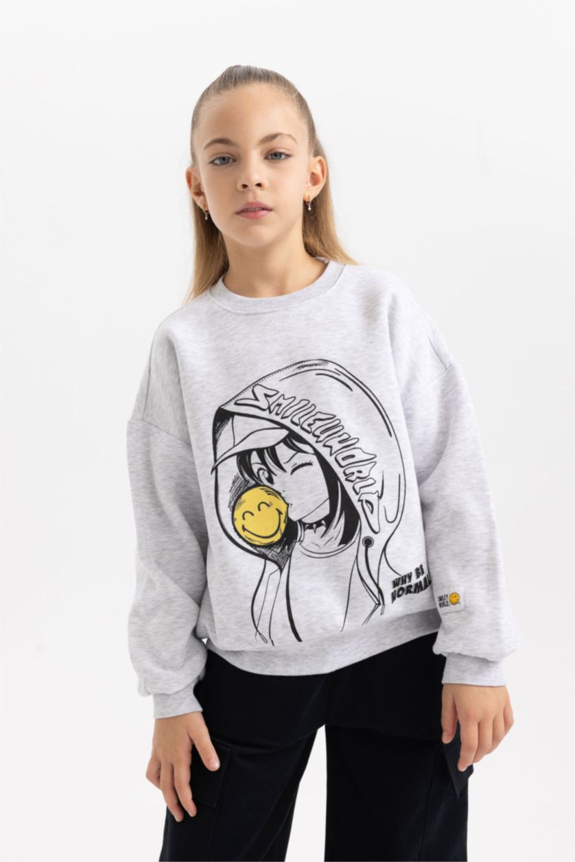 Kız Çocuk - Genç Kız Gri Melanj Kız Çocuk SmileyWorld Oversize Geniş Kalıp Bisiklet Yaka İçi Yumuşak Tüylü Kalın Sweatshirt