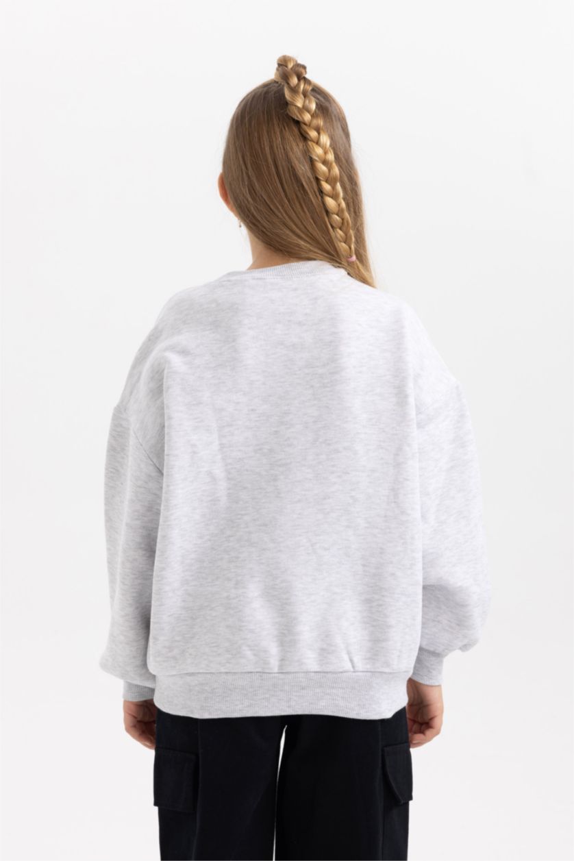 Kız Çocuk - Genç Kız Gri Melanj Kız Çocuk SmileyWorld Oversize Geniş Kalıp Bisiklet Yaka İçi Yumuşak Tüylü Kalın Sweatshirt