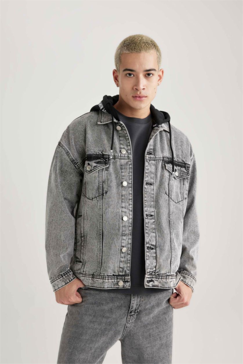 MAN Light Grey Oversized Fit Hooded Denim Jacket