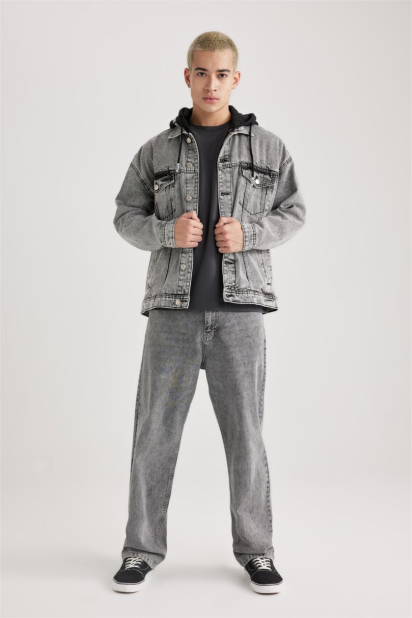 MAN Light Grey Oversized Fit Hooded Denim Jacket