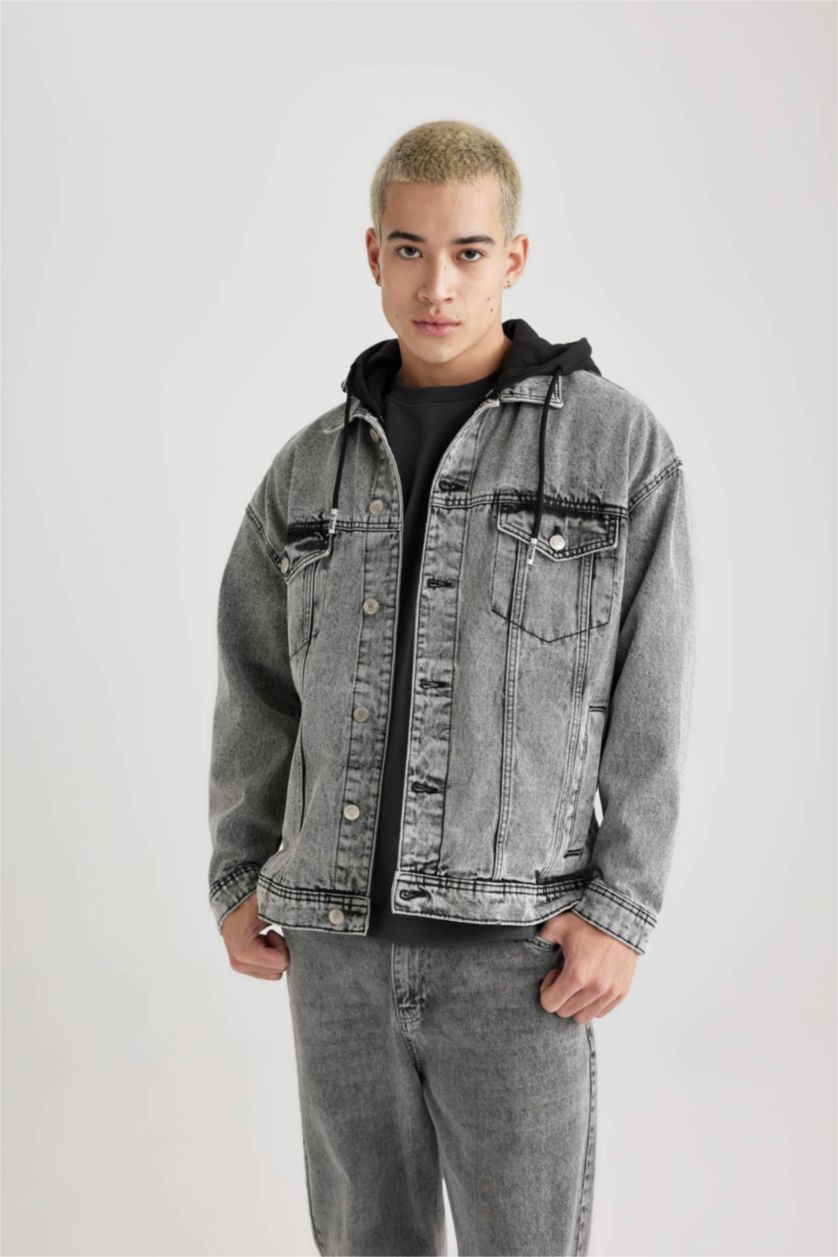 MAN Light Grey Oversized Fit Hooded Denim Jacket