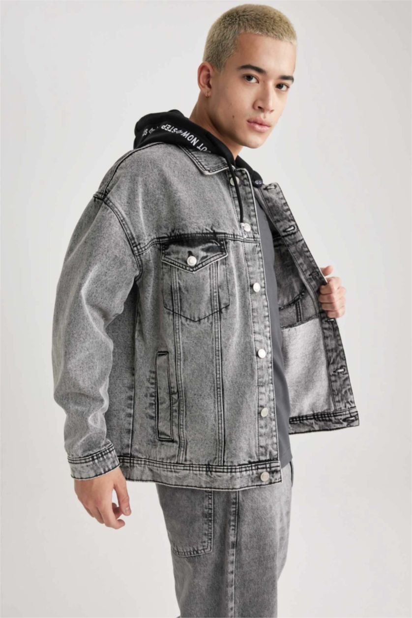 MAN Light Grey Oversized Fit Hooded Denim Jacket