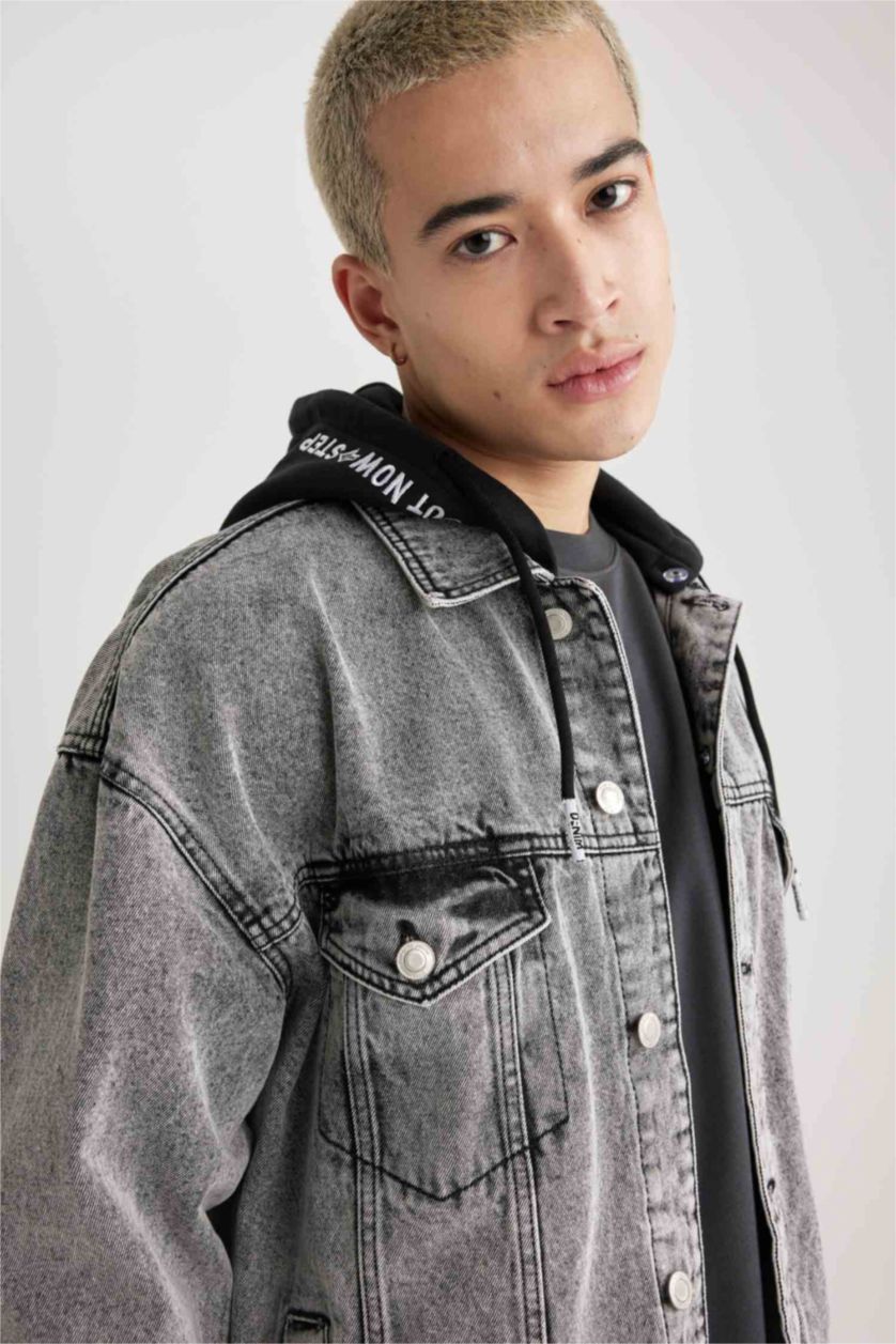 MAN Light Grey Oversized Fit Hooded Denim Jacket