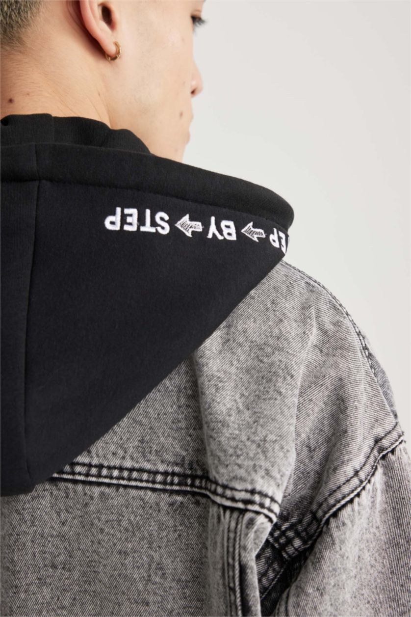 MAN Light Grey Oversized Fit Hooded Denim Jacket