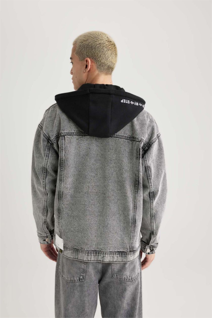 MAN Light Grey Oversized Fit Hooded Denim Jacket