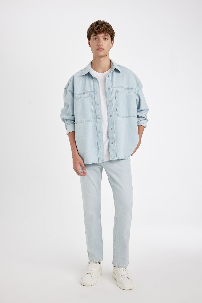 Man Light Blue Oversize Fit Denim Long Sleeve Shirt
