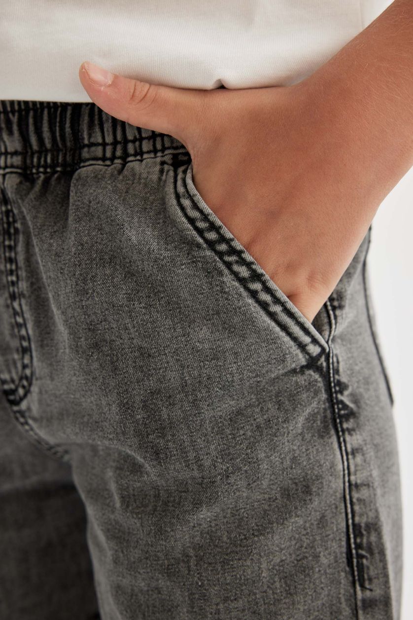 Erkek Çocuk - Genç Erkek Gri Basic Düz Jean Şort Erkek Çocuk