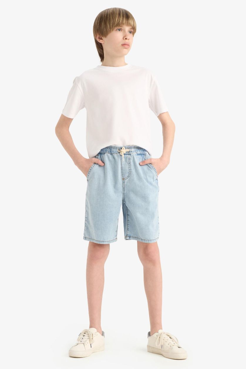 Erkek Çocuk - Genç Erkek Açık Mavi Beli Lastikli Jean Şort Erkek Çocuk