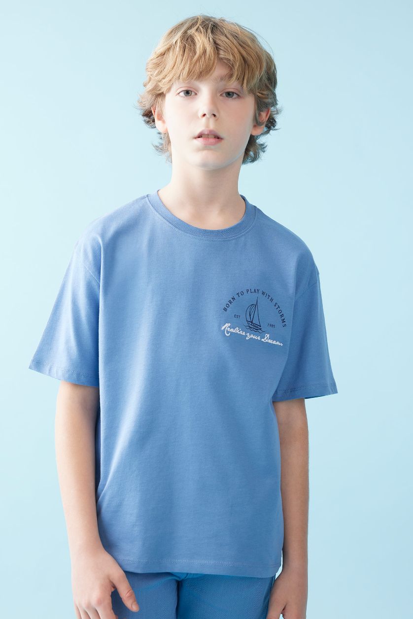 BOYS & TEENS Blue Boy Oversize Fit Crew Neck Printed  T-Shirt