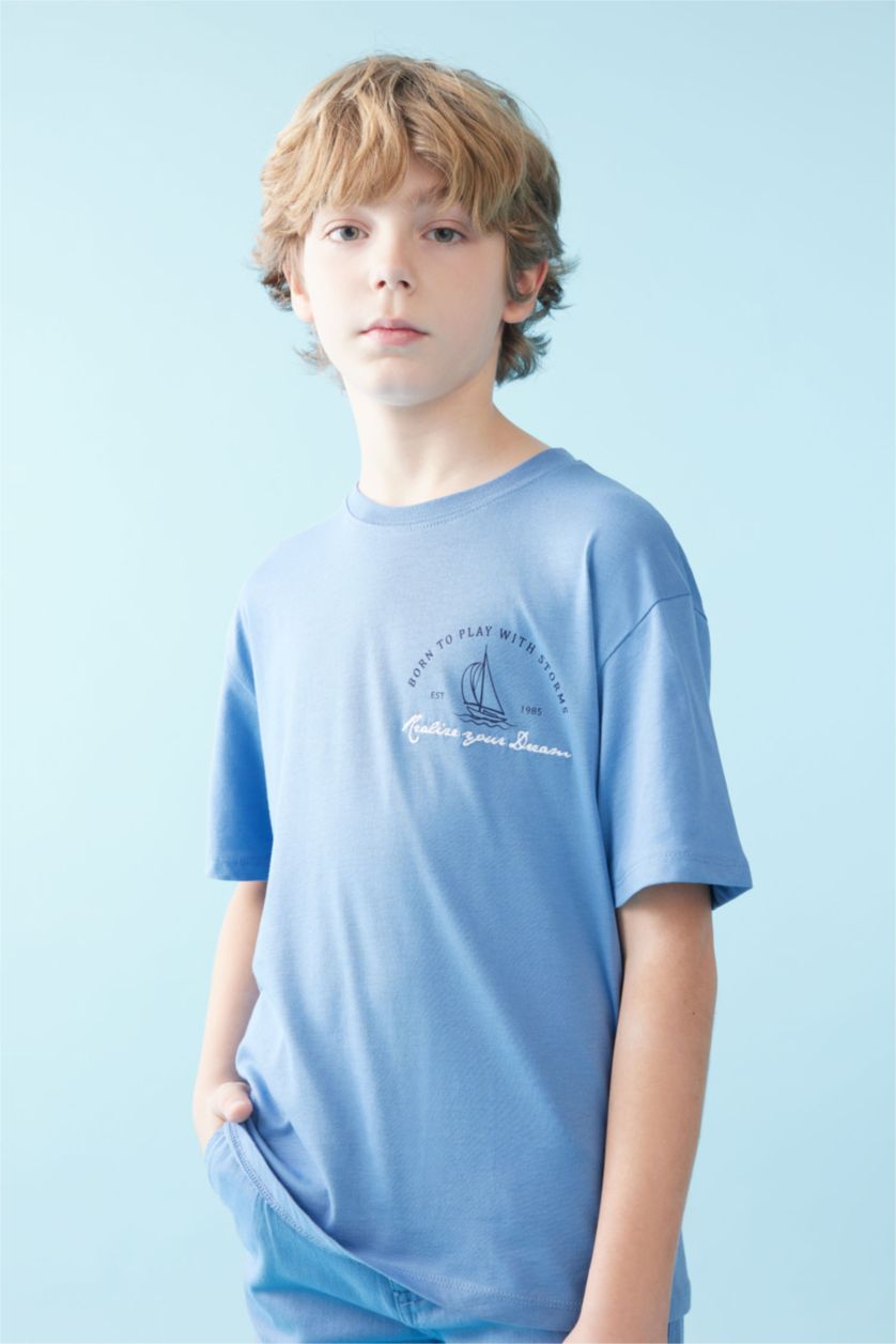 BOYS & TEENS Blue Boy Oversize Fit Crew Neck Printed  T-Shirt