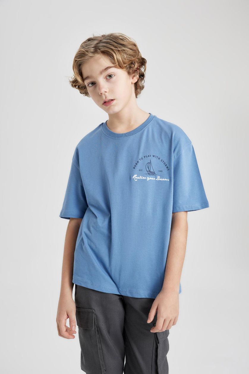 BOYS & TEENS Blue Boy Oversize Fit Crew Neck Printed  T-Shirt