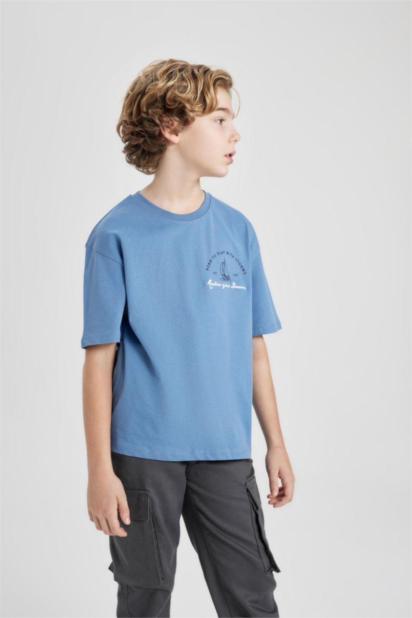 BOYS & TEENS Blue Boy Oversize Fit Crew Neck Printed  T-Shirt