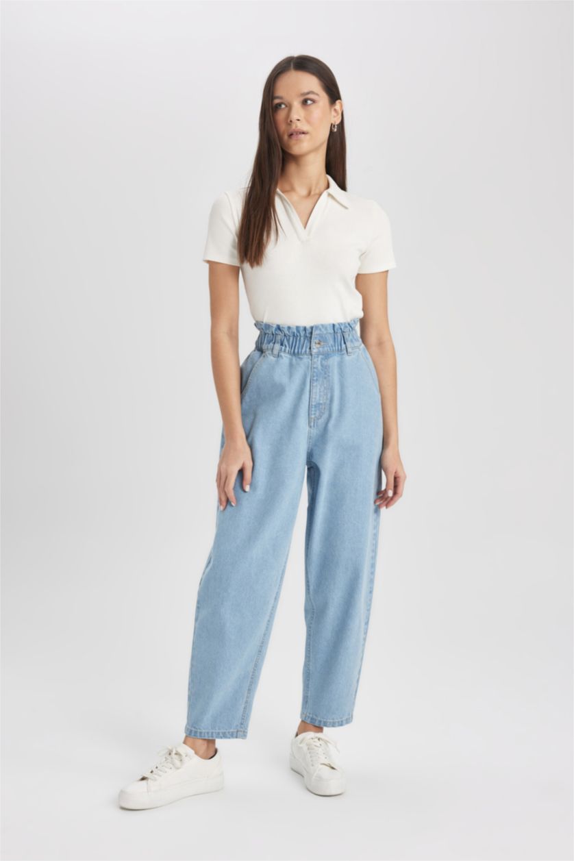 WOMAN Light Blue High Waist Paperbag Fit Trousers