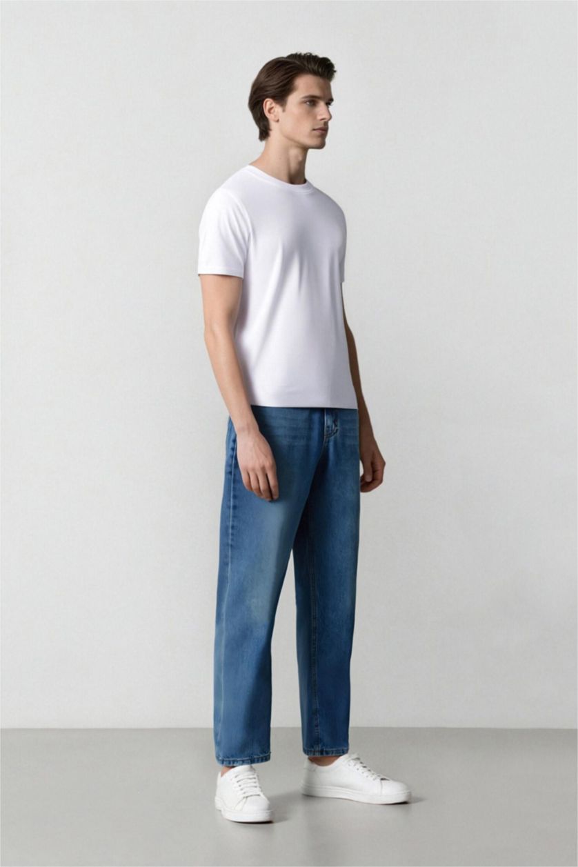 Erkek Mavi %100 Pamuk Baggy Fit Geniş Kalıp Normal Bel Geniş Paça Jean Pantolon