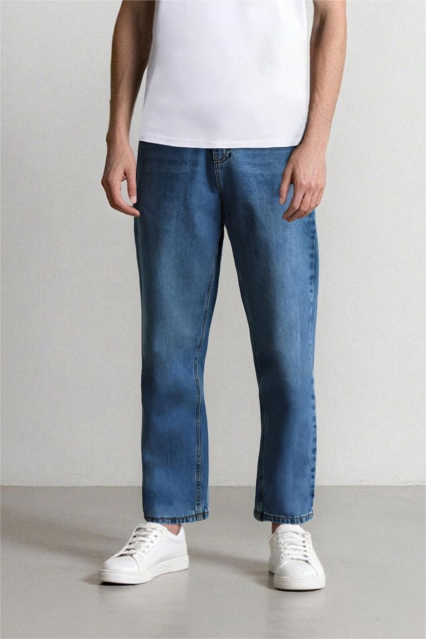 Erkek Mavi %100 Pamuk Baggy Fit Geniş Kalıp Normal Bel Geniş Paça Jean Pantolon