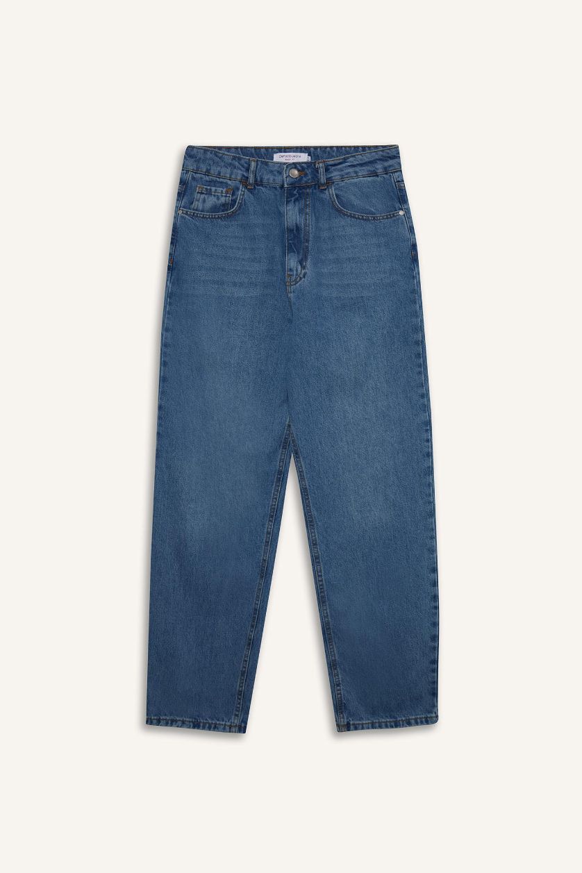 Erkek Mavi %100 Pamuk Baggy Fit Geniş Kalıp Normal Bel Geniş Paça Jean Pantolon