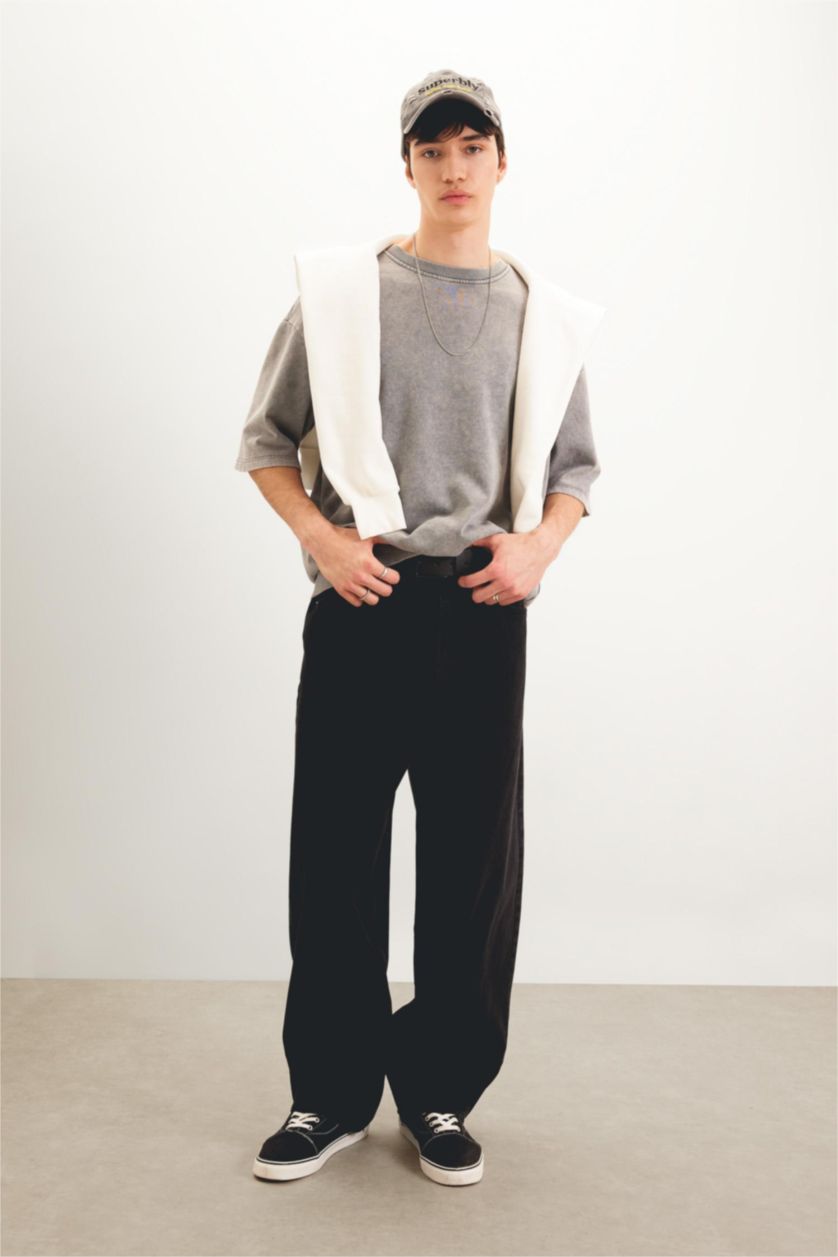 Man Black Wide Baggy Fit Jean Trousers