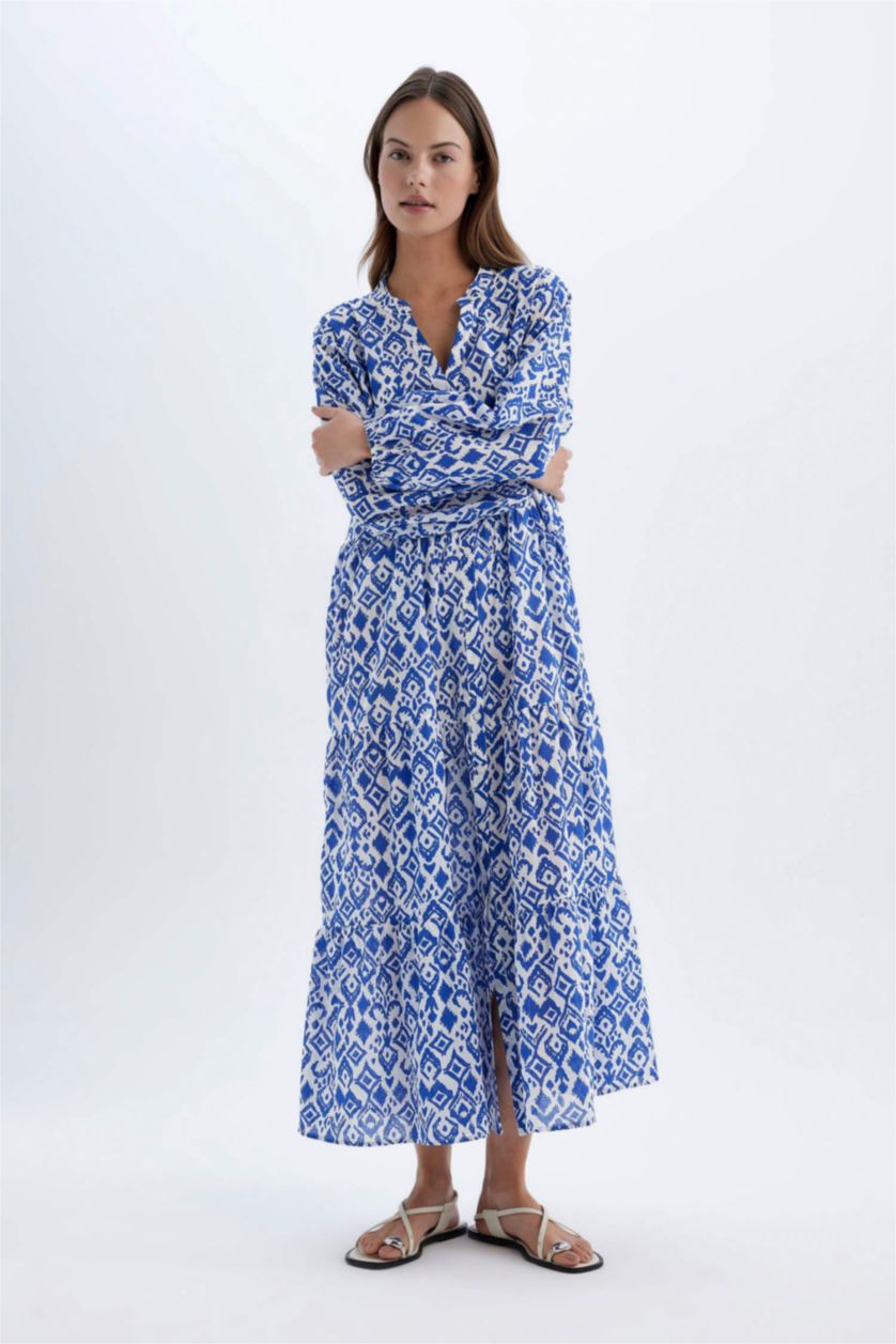 Kadın Saks Desenli Uzun Kollu Maxi Plaj Elbisesi-Fall in Love