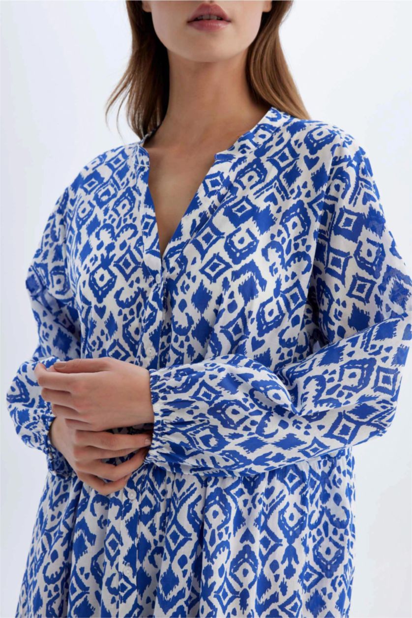 Kadın Saks Desenli Uzun Kollu Maxi Plaj Elbisesi-Fall in Love