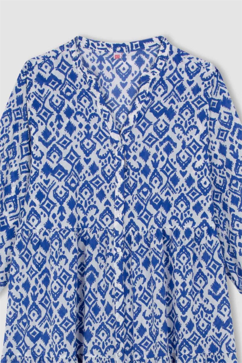 Kadın Saks Desenli Uzun Kollu Maxi Plaj Elbisesi-Fall in Love