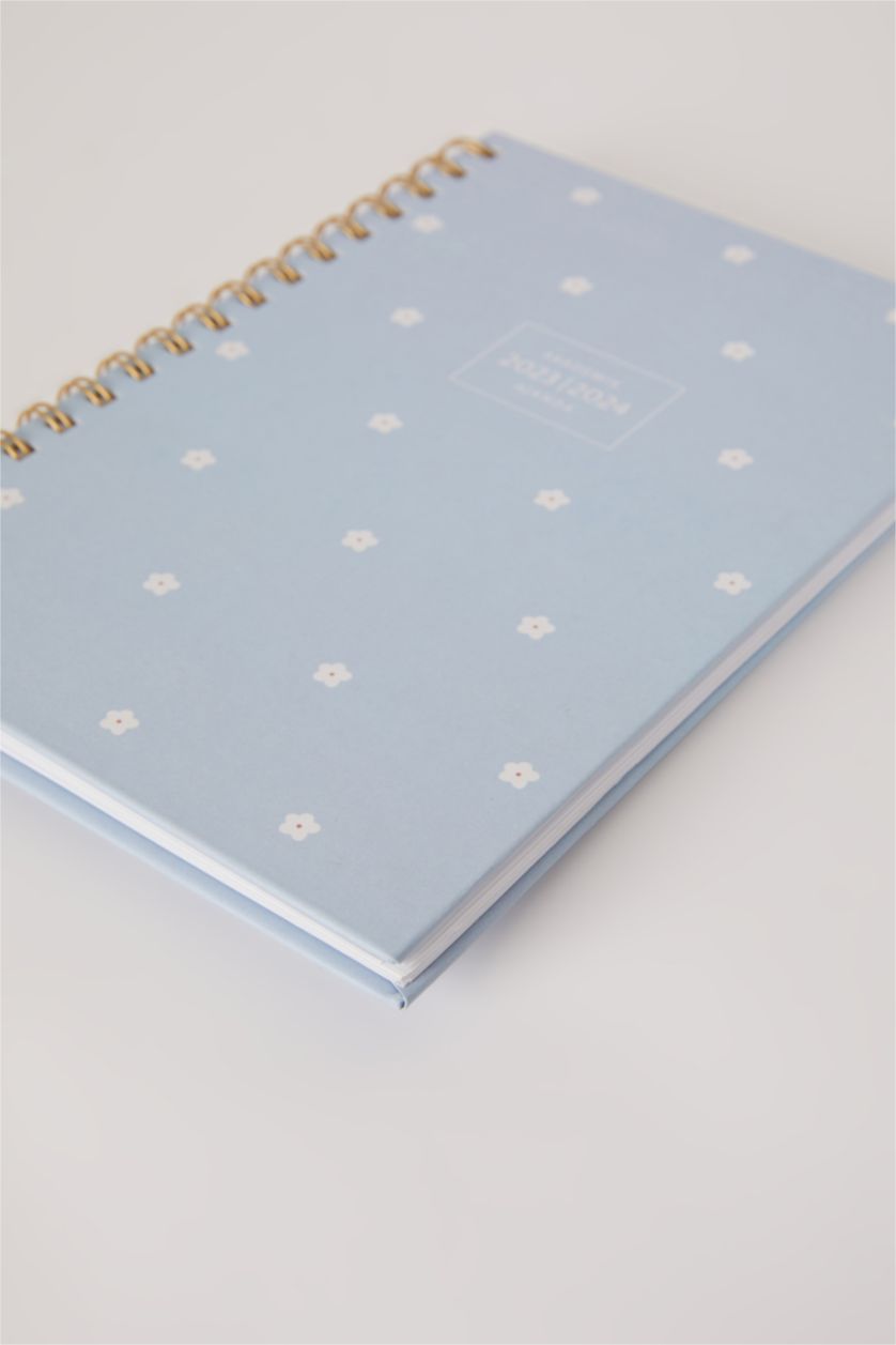 Kadın Açık Mavi Sert Kapaklı Çiçekli Spiralli 2023/2024 Akademik Ajanda