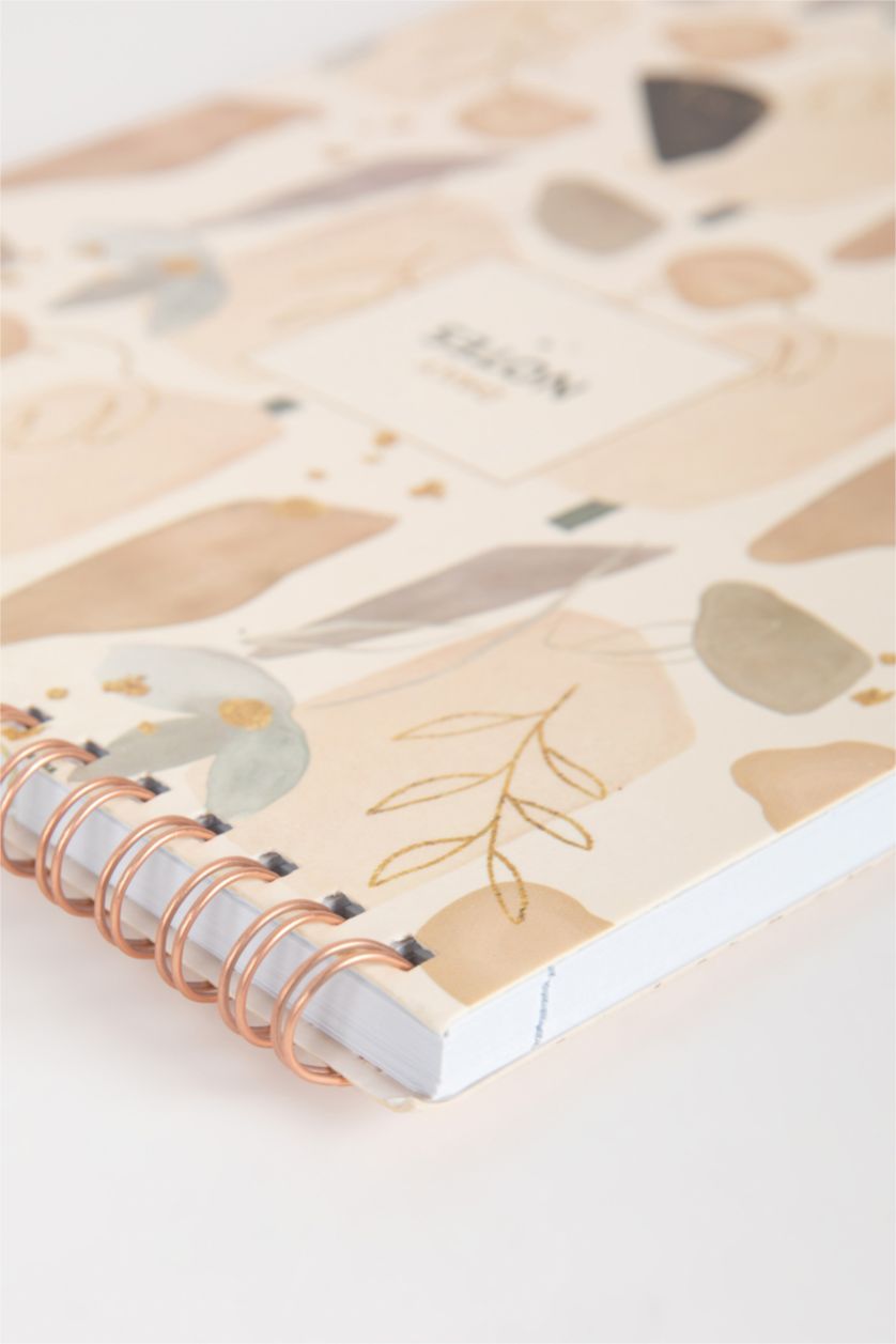 Kadın Ekru Çiçek Desenli Çizgili Dikey Spiralli 17x24 cm Not Defteri