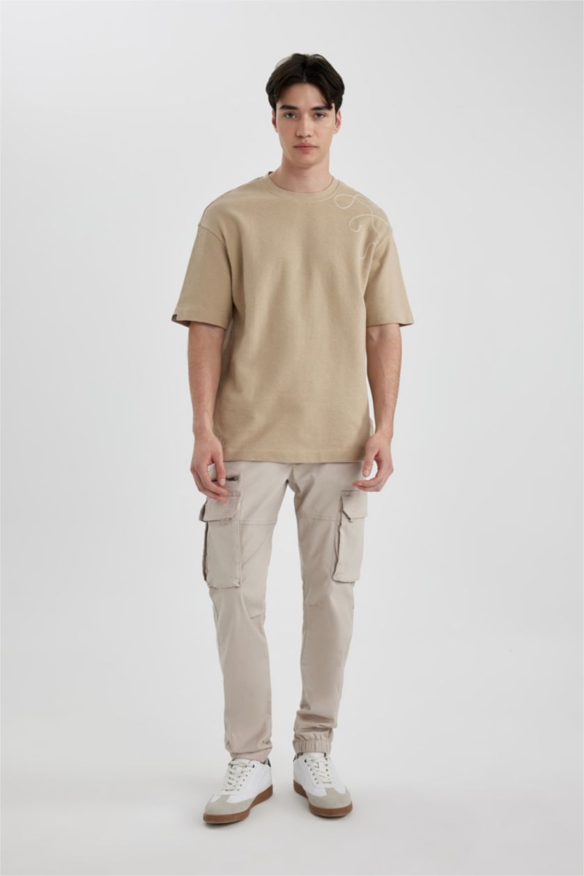 Erkek Bej Comfort Regular Fit Rahat Kalıp Bisiklet Yaka Baskılı Kısa Kollu Tişört