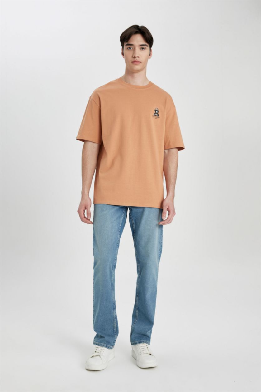 Erkek Açık Turuncu %100 Pamuk Comfort Regular Fit Rahat Kalıp Bisiklet Yaka Baskılı Kısa Kollu Tişört