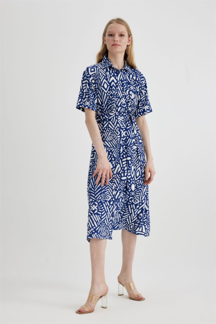 حريمي كحلي فستان ميدي نص كم بياقة قميص