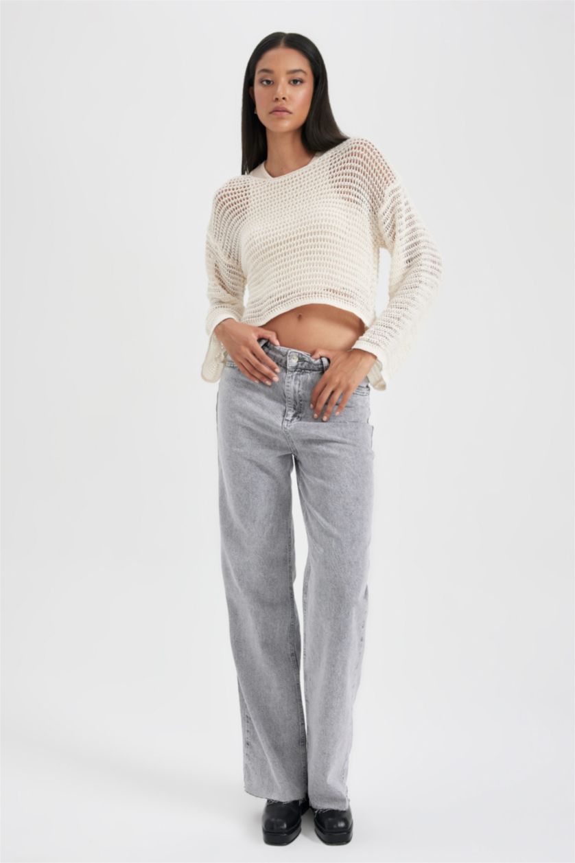 Женская Бежевый Свитер свободного кроя с круглым вырезом