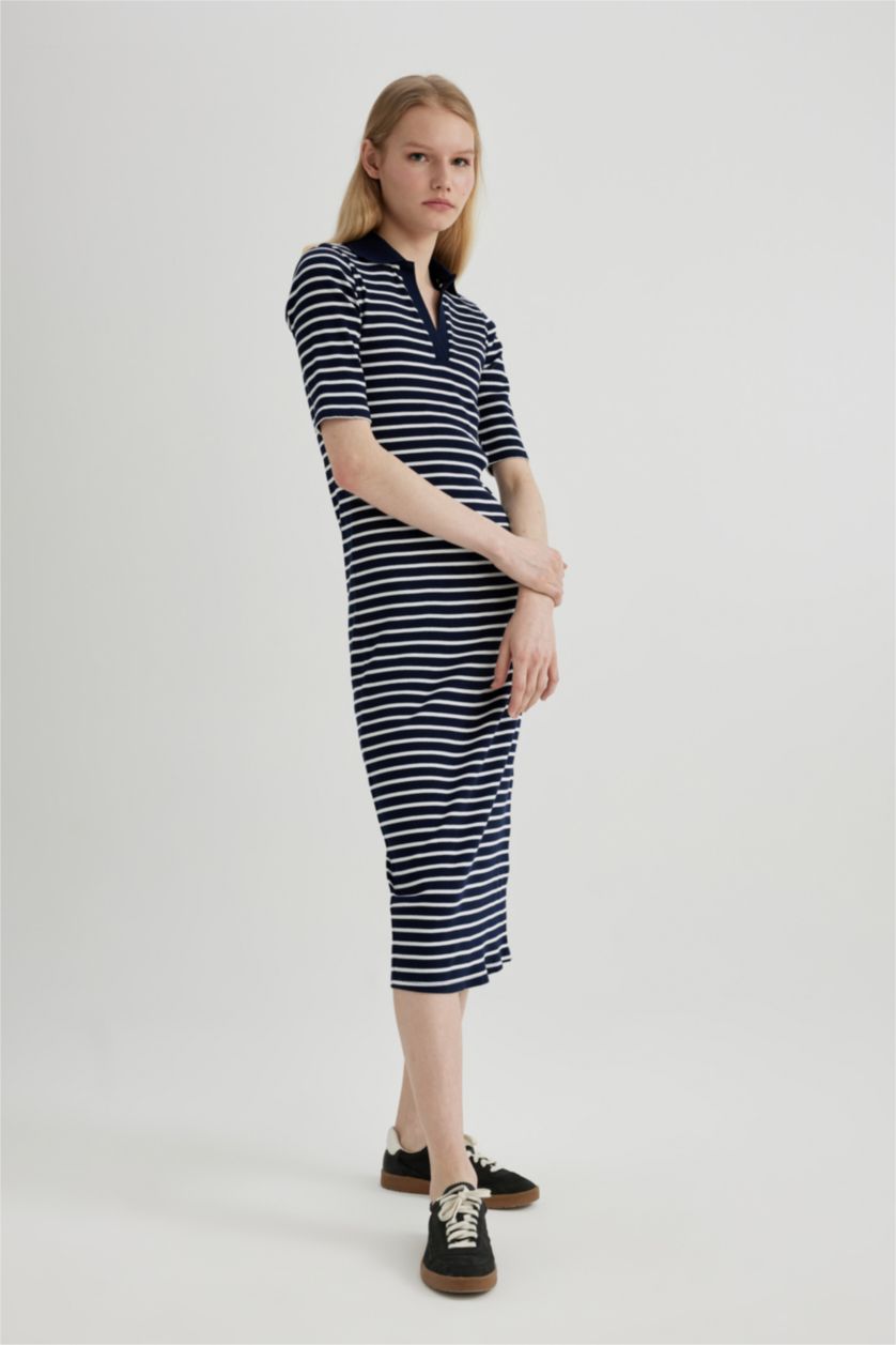 WOMAN NAVY Bodycon Polo Neck Striped Ribbed Camisole Midi Dress